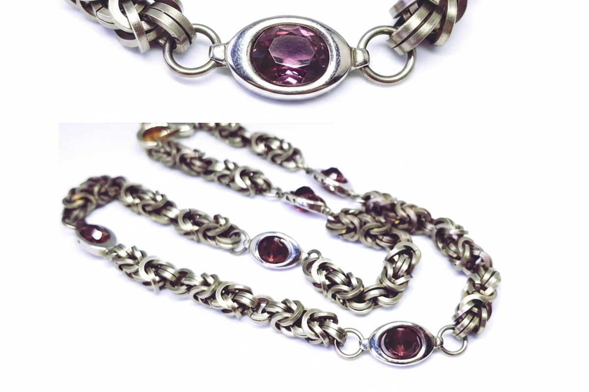 Byzantine and Amethyst Crystal Chainmaille Necklace - Stainless Steel