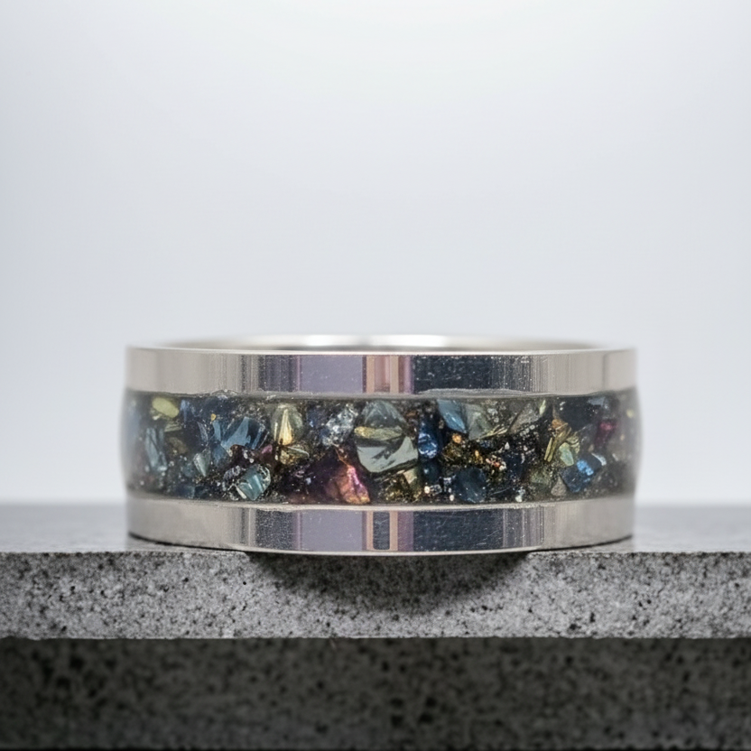 Crushed Rainbow Crystal Tungsten Carbide 8mm Straight Edged Inlay Ring