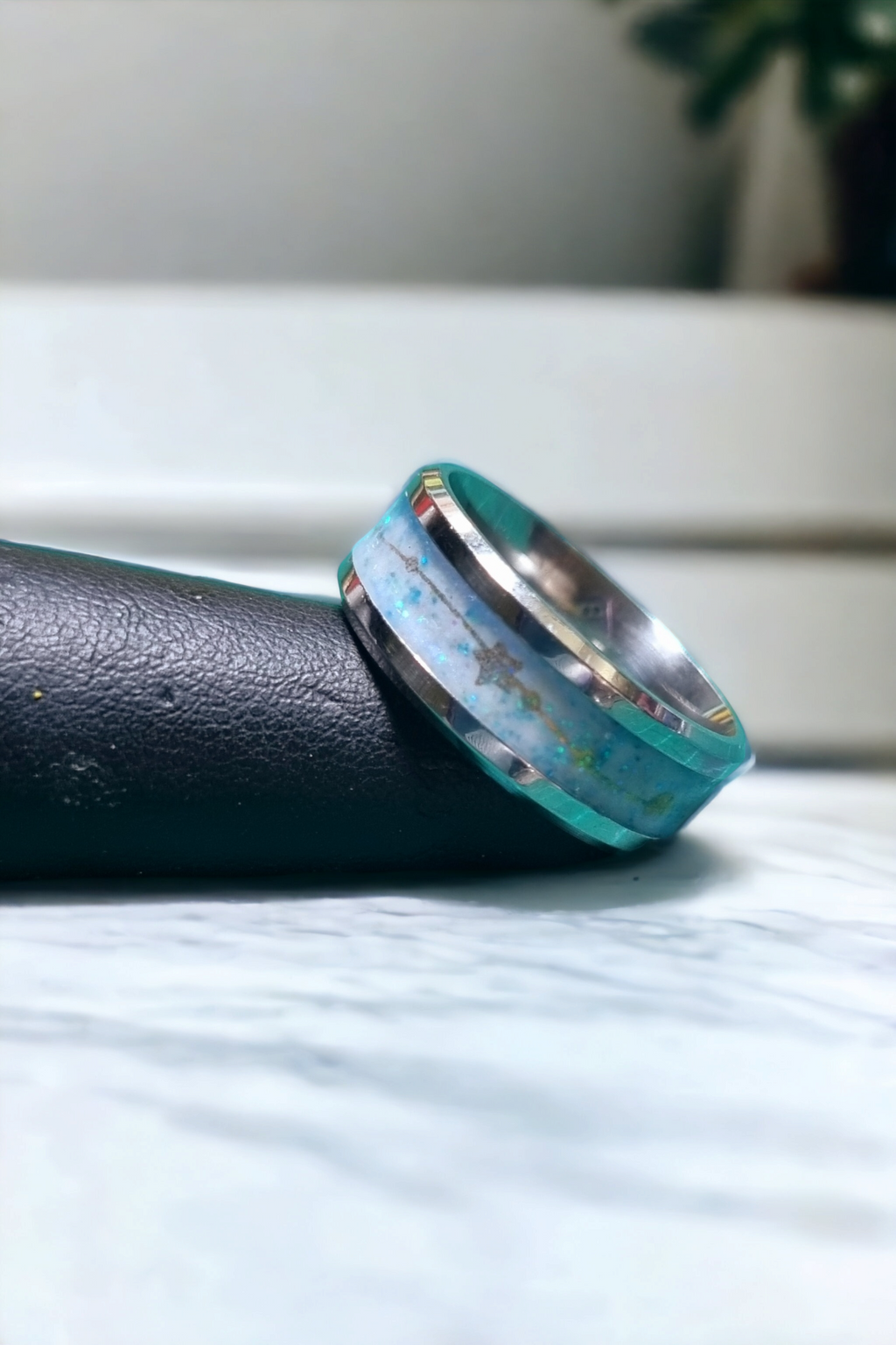 Pastel Blue Wave Washi Tungsten Carbide 8mm Bevel Edged Inlay Ring image 1