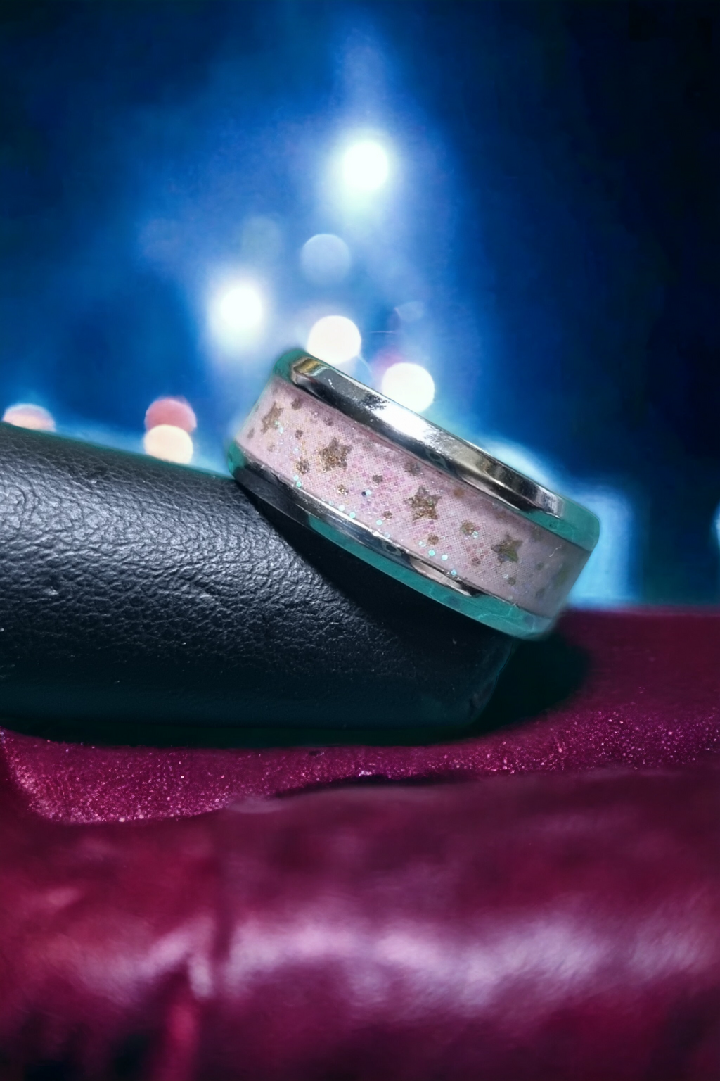 Pastel Pink Stars Washi Tungsten Carbide 8mm Bevel Edged Inlay Ring image 0
