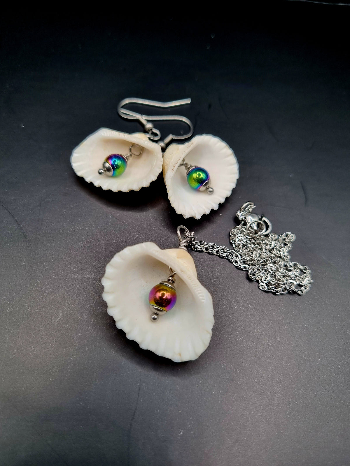 Hematite & Shell Necklace & Earring Set image 1