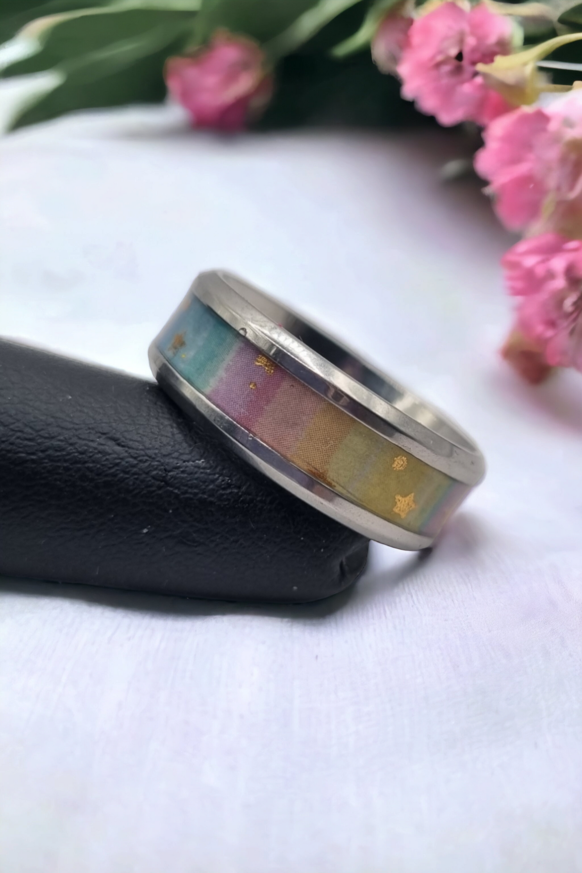 Pastel Stripes Washi Tungsten Carbide 8mm Bevel Edged Inlay Ring image 1