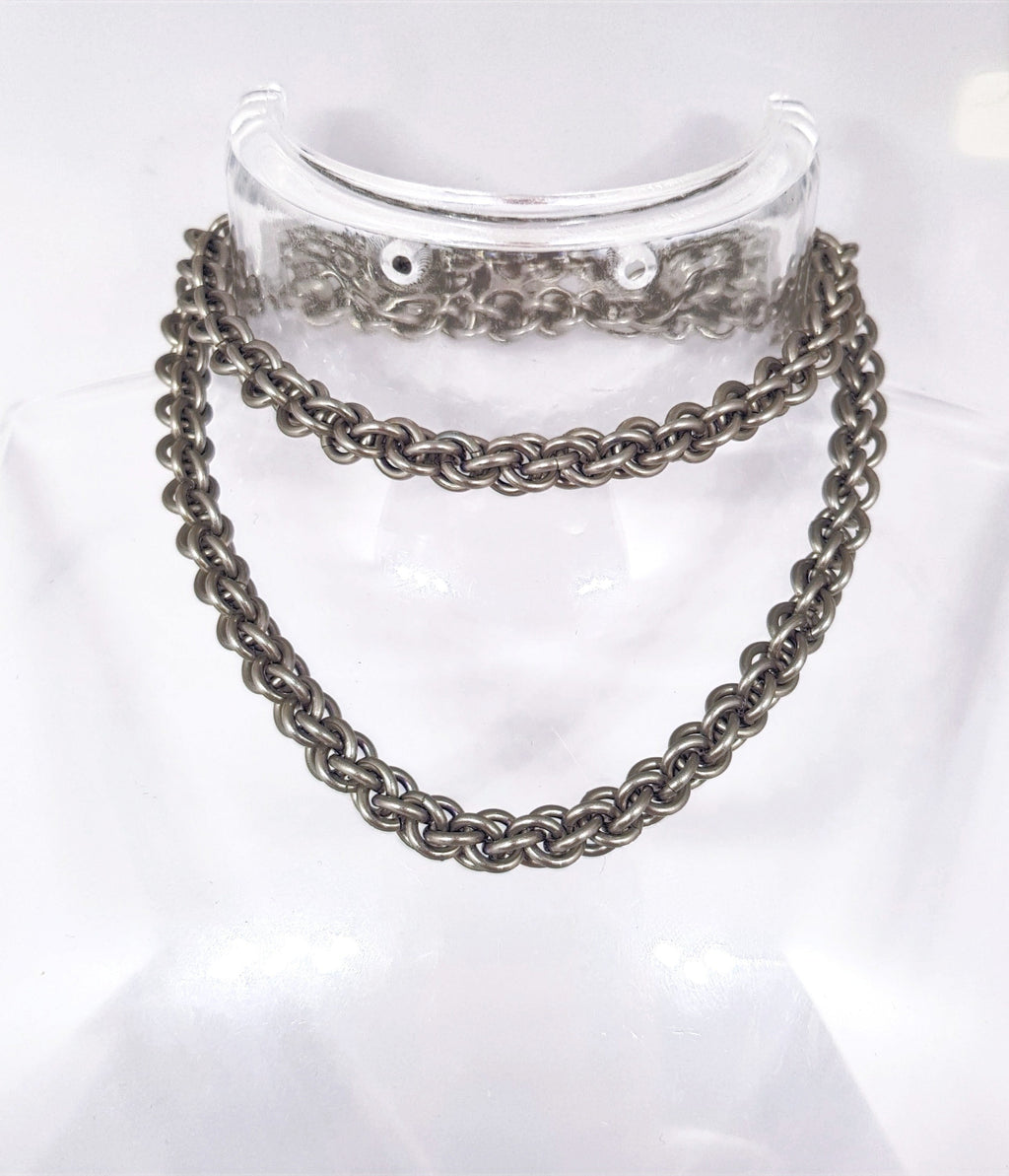 Sanctuary Studio handcrafted stainless steel Jens Pind Linkage 3 chainmaille necklace on a clear display bust