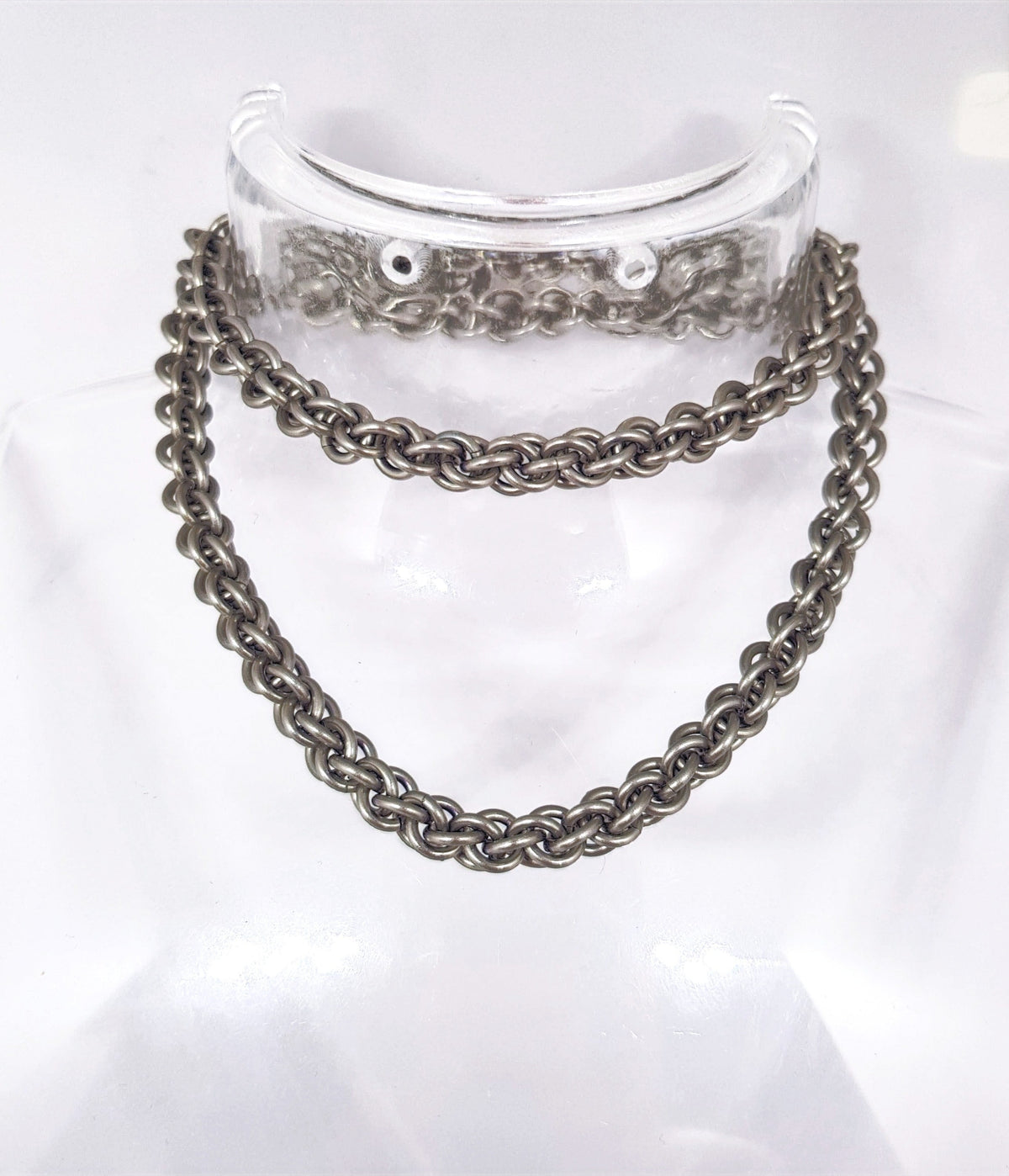 Sanctuary Studio handcrafted stainless steel Jens Pind Linkage 3 chainmaille necklace on a clear display bust