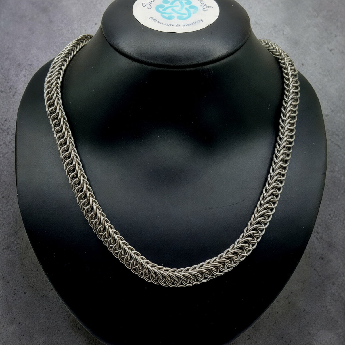 Sanctuary Studio handcrafted stainless steel Half Persian 4in1 chainmaille necklace displayed on a black bust